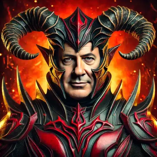 DALL·E-2024-11-26-11.41.54-Benjamin-Netanyahus-face-clearly-visible-dressed-in-an-elaborate-demon-themed-cosplay-outfit-featuring-dark-red-and-black-armor-with-intricate-desi-e1732631699417