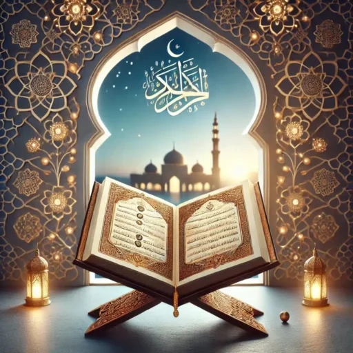 DALL·E-2024-11-26-15.10.01-A-serene-Islamic-inspired-illustration-featuring-an-open-Quran-with-elegant-Arabic-calligraphy-set-on-a-decorative-wooden-stand.-The-scene-includes-s-e1732631788725